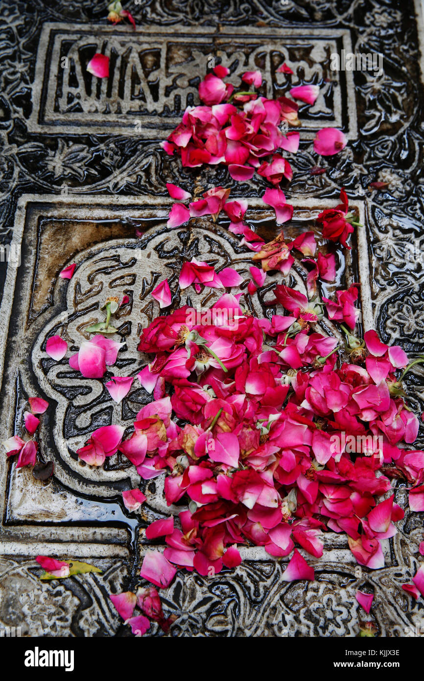 Offerte di fiori su una tomba in Nizamuddin dergah, Delhi, India. Foto Stock