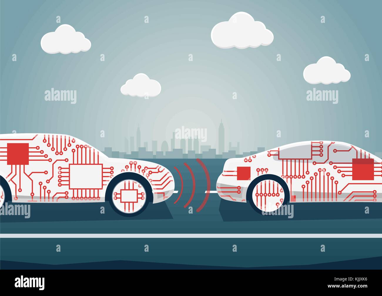 Guida autonoma nozione come esempio per la digitalizzazione di industria automobilistica. illustrazione vettoriale di automobili collegato in comunicazione gli uni con gli altri Illustrazione Vettoriale