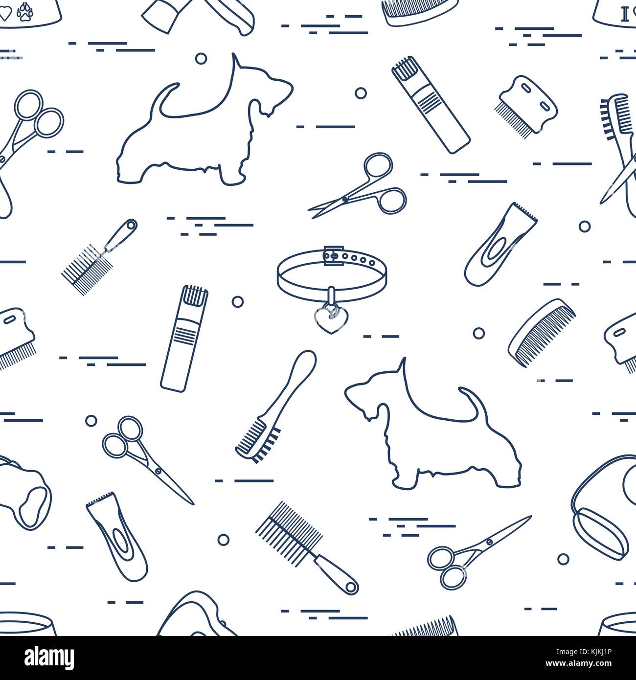 Modello con il cane, pettini, collare, guinzaglio, rasoio, asciugacapelli, ciotola, forbici. health care, toelettatura, prendersi cura di un cane, mostra. Illustrazione Vettoriale