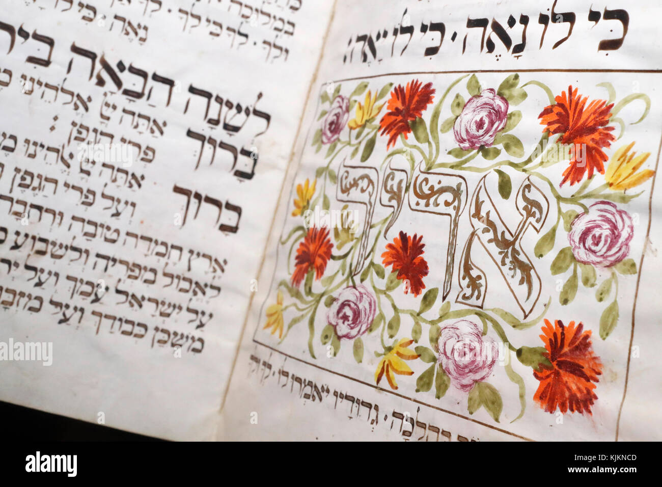 Vecchio Haggadah illuminato (Presburg 1773). Un testo ebraico che espone la fine del seder pasquale. La Svizzera. Foto Stock