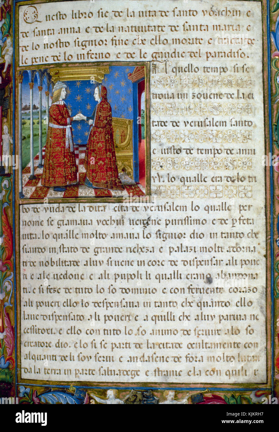 Codex de Predis. Prima pagina miniata. gli sponsor del volume, il duca Galeazzo Maria Sforza e di sua moglie bona di Savoia, come i personaggi di San Gioacchino e st. Anne. Xv secolo. Biblioteca Reale di Torino, Italia. Foto Stock