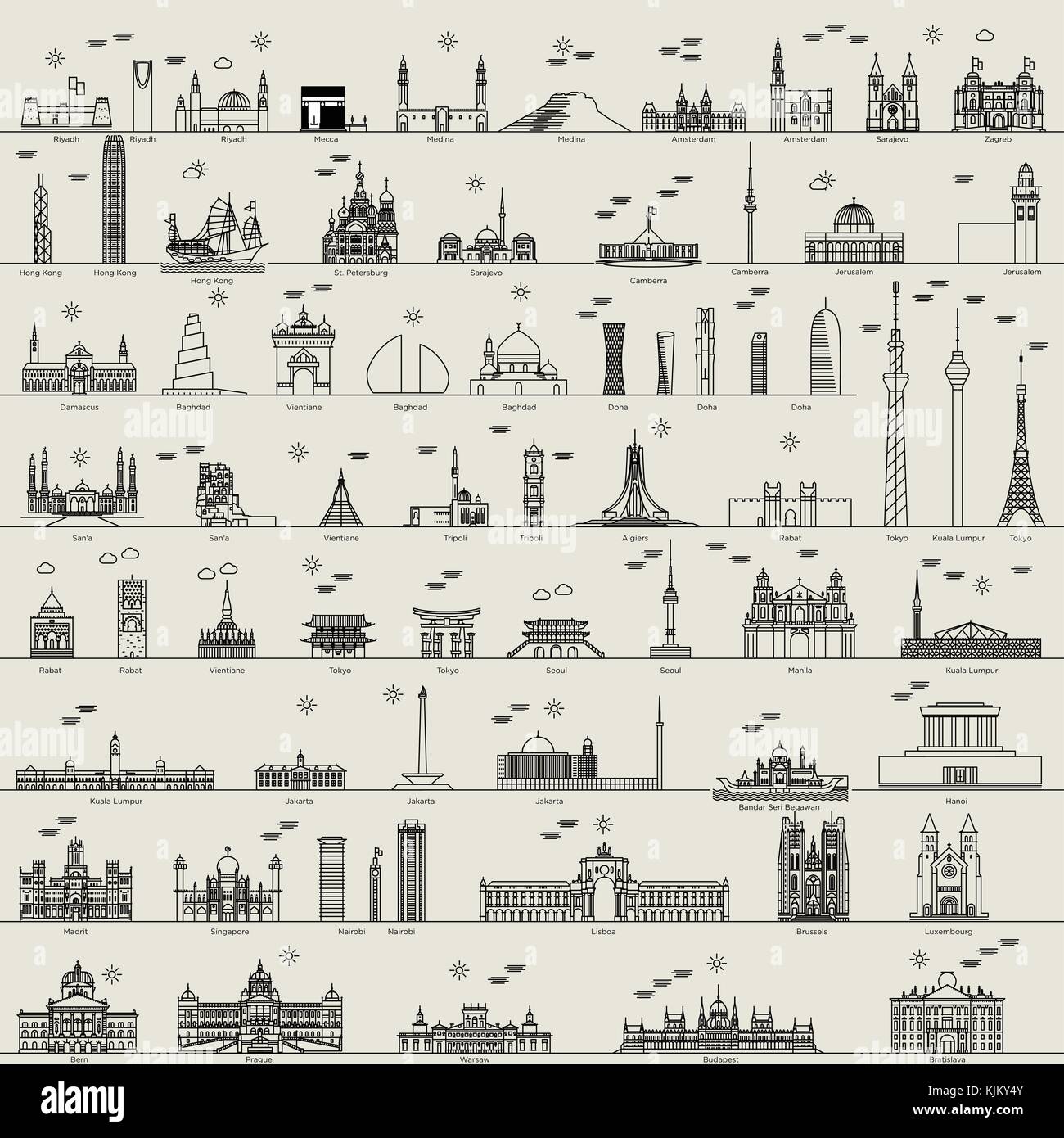 Linea del vettore mondo città capitale insieme di raccolta Illustrazione Vettoriale