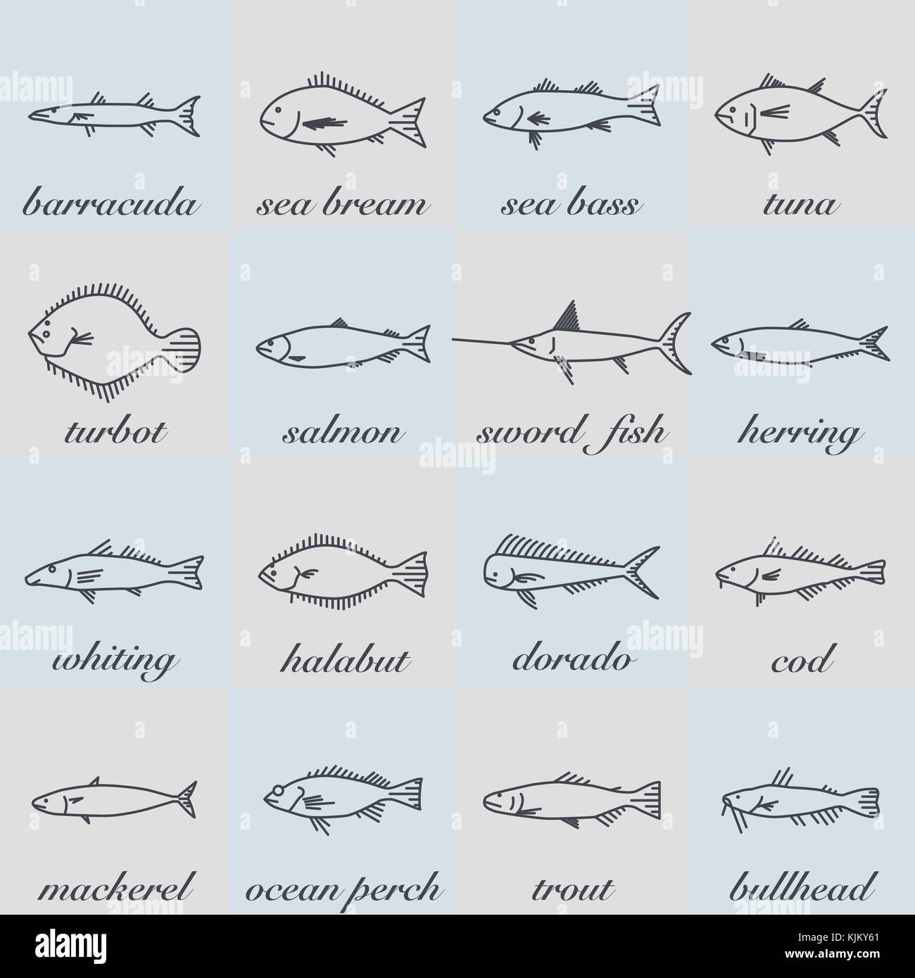 Sale del vettore e i pesci di acqua dolce di illustrazione di linea impostati Illustrazione Vettoriale