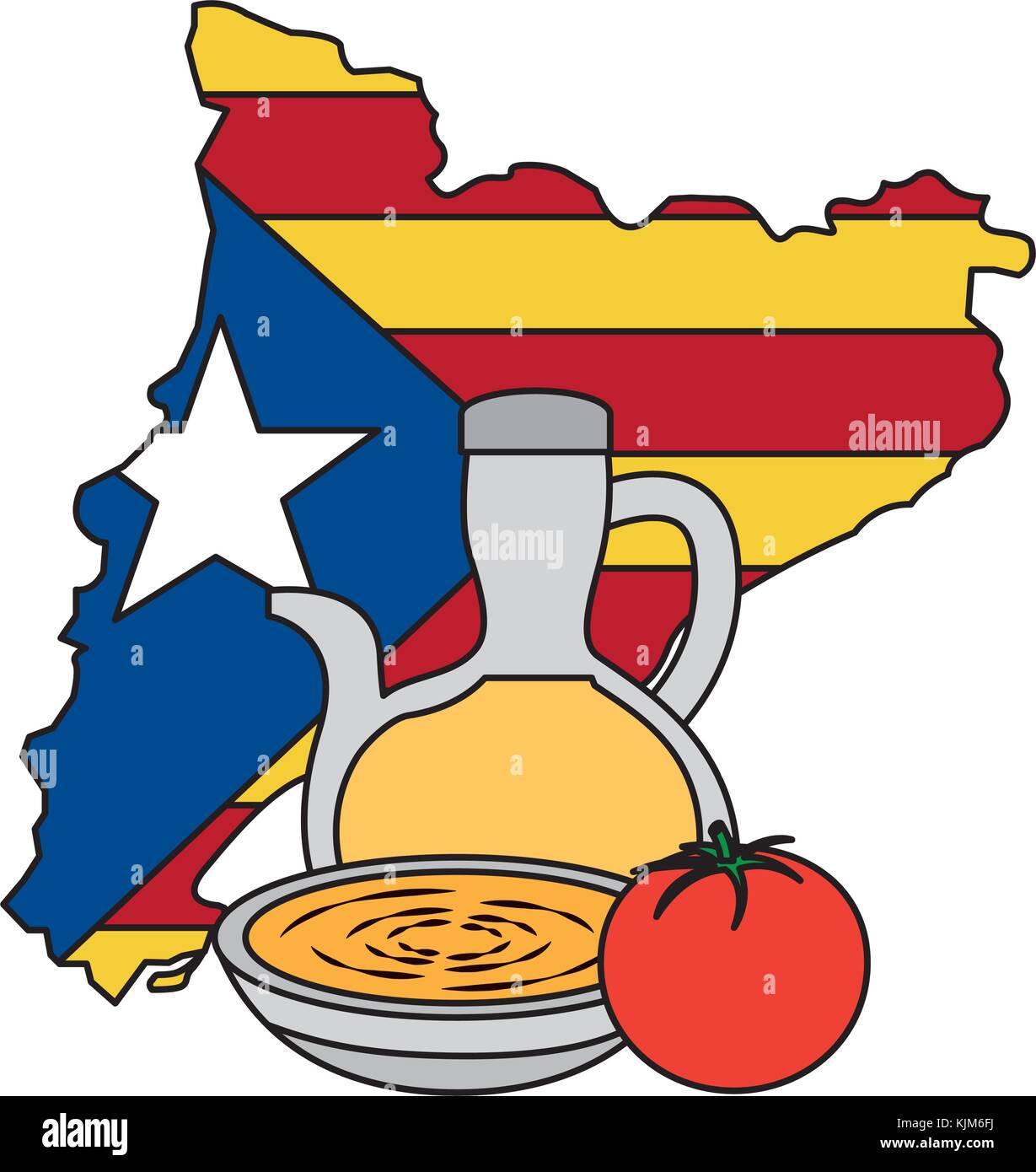 Bandiera di catalunya e paese delineare con olio di oliva zuppa di pomodoro ic Illustrazione Vettoriale