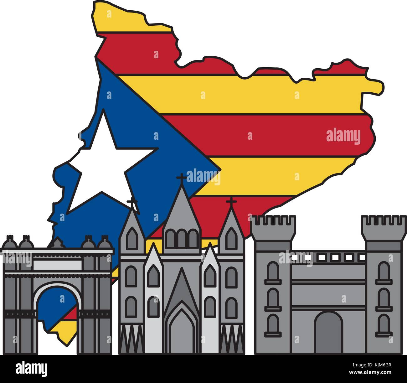 Bandiera di catalunya e paese delineare con punti di riferimento immagine dell'icona Illustrazione Vettoriale