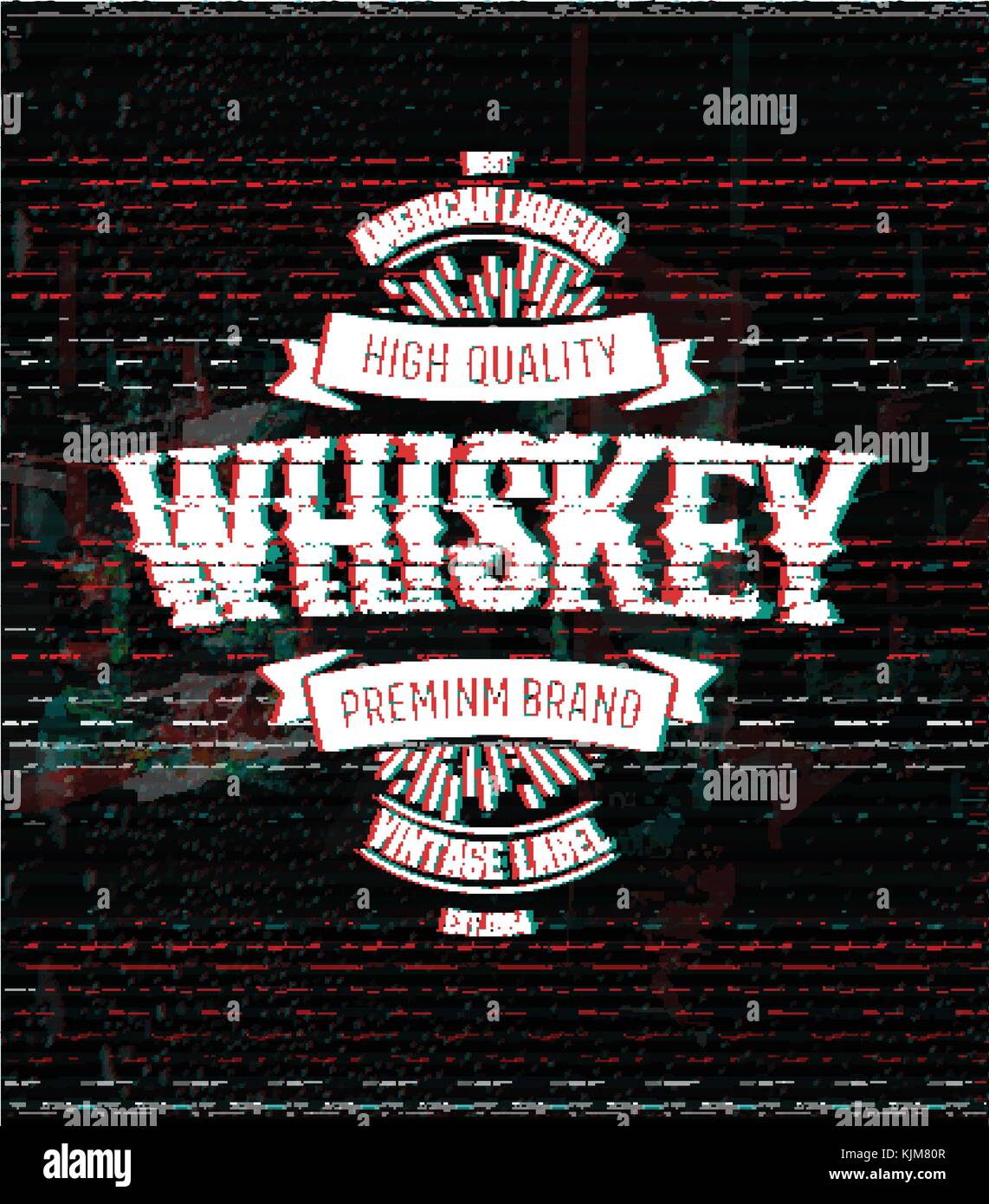 Whiskey retrò modello logo, vintage, vettore di glitch etichetta. Illustrazione Vettoriale