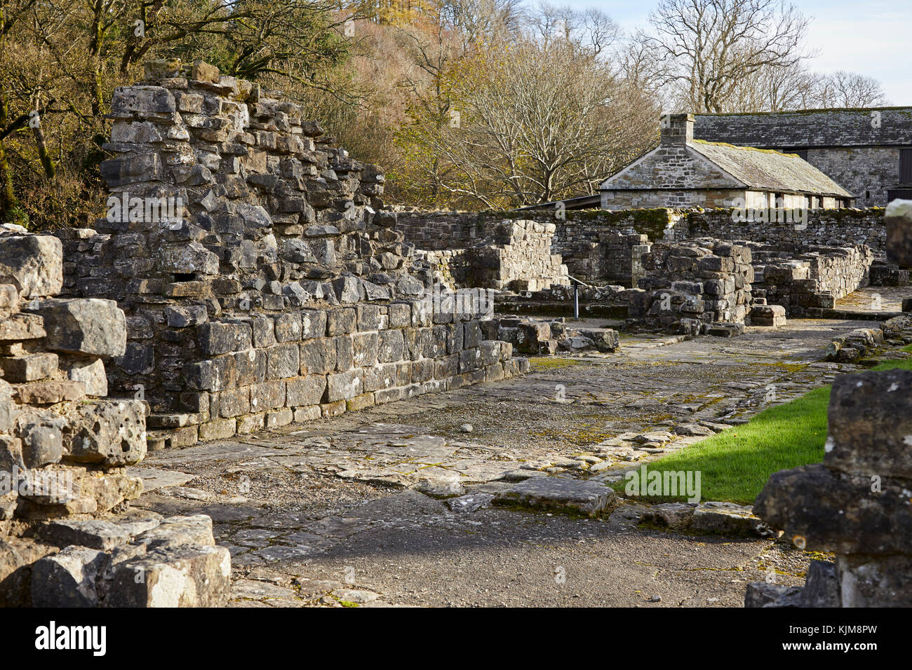 Vista verso sud il transetto, la sagrestia e la Chapter House a Shap Abbey. Shap, Cumbria. Con edifici agricoli in background. Patrimonio inglese Foto Stock