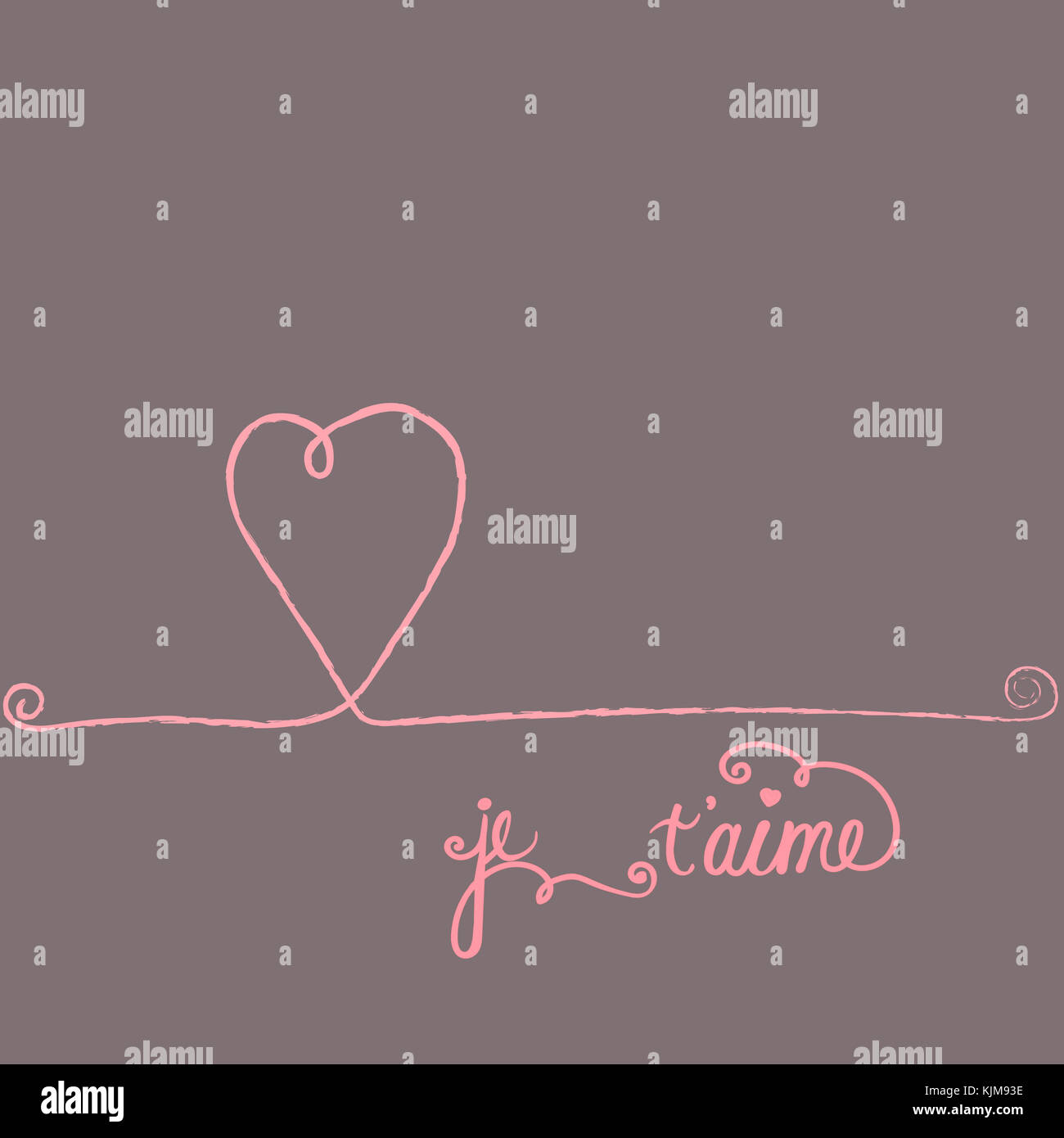 Freehand doodle vettore greeting card je t'aime scritte in francese ti amo. cuore decorativo i dettagli di swirl. creative design unico. spazio copia temp Foto Stock