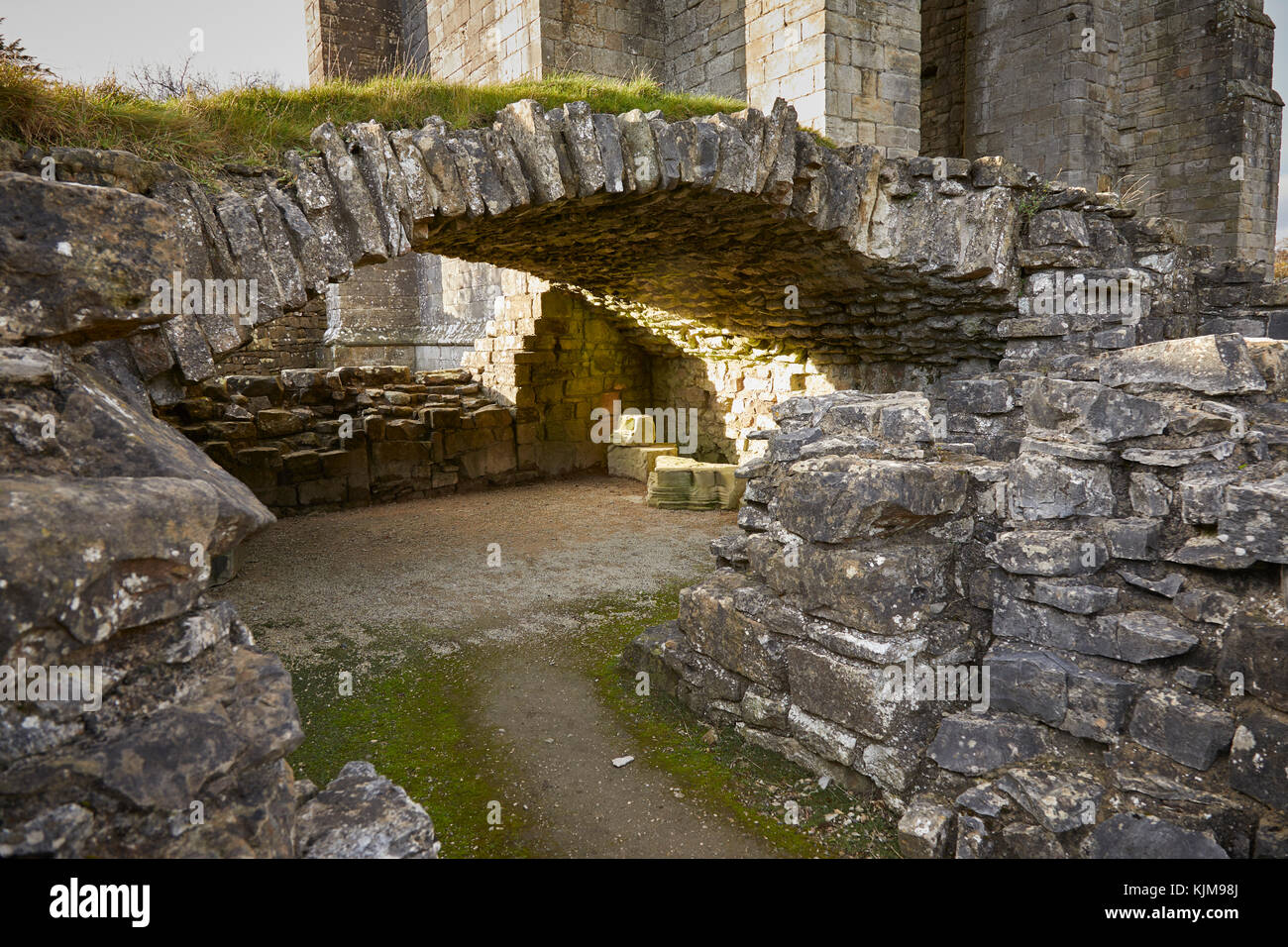 Il cantiniere della gamma. Pesanti archivio arcuata area di stoccaggio per il cibo e le bevande a Shap Abbey. Shap, Cumbria. Patrimonio inglese Foto Stock