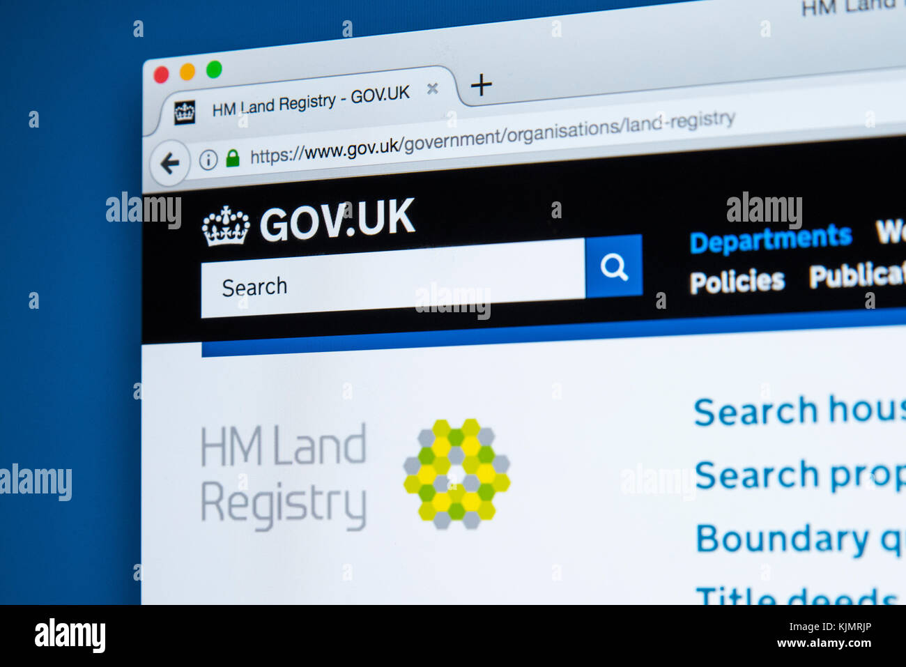 LONDON, Regno Unito - 17 NOVEMBRE 2017: la homepage del sito ufficiale per il suo Majestys Catasto - il non-ministeriale ministero del governo del Regno Unito, o Foto Stock
