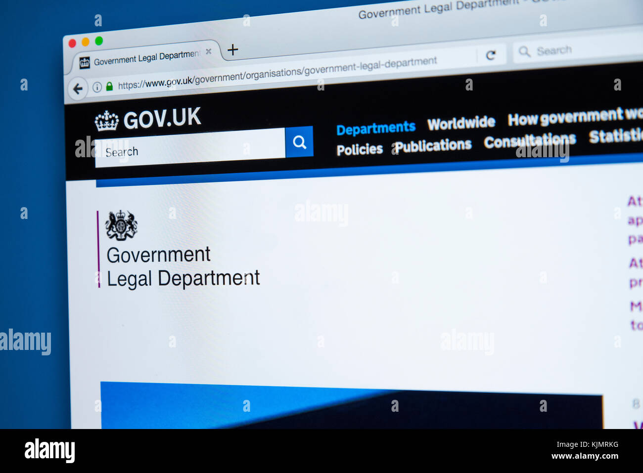 LONDON, Regno Unito - 17 NOVEMBRE 2017: la homepage del sito web ufficiale per il governo dipartimento legale, il 17 novembre 2017. Foto Stock