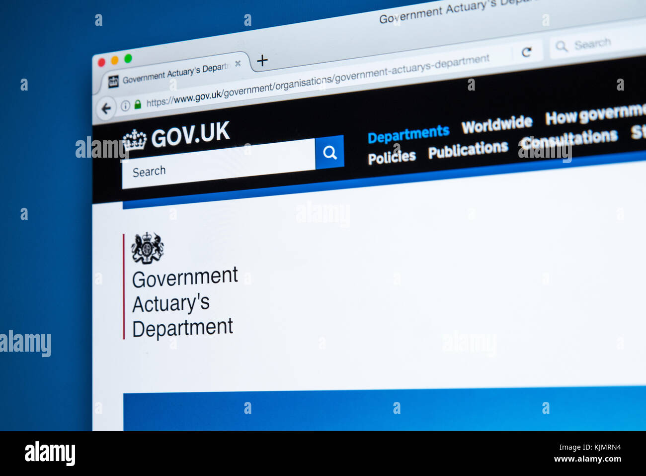 LONDON, Regno Unito - 17 NOVEMBRE 2017: la homepage del sito ufficiale per il governo Actuarys Department - il ministero del governo del Regno Unito responsibl Foto Stock