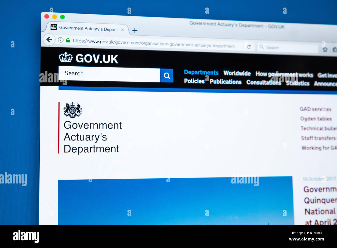 LONDON, Regno Unito - 17 NOVEMBRE 2017: la homepage del sito ufficiale per il governo Actuarys Department - il ministero del governo del Regno Unito responsibl Foto Stock