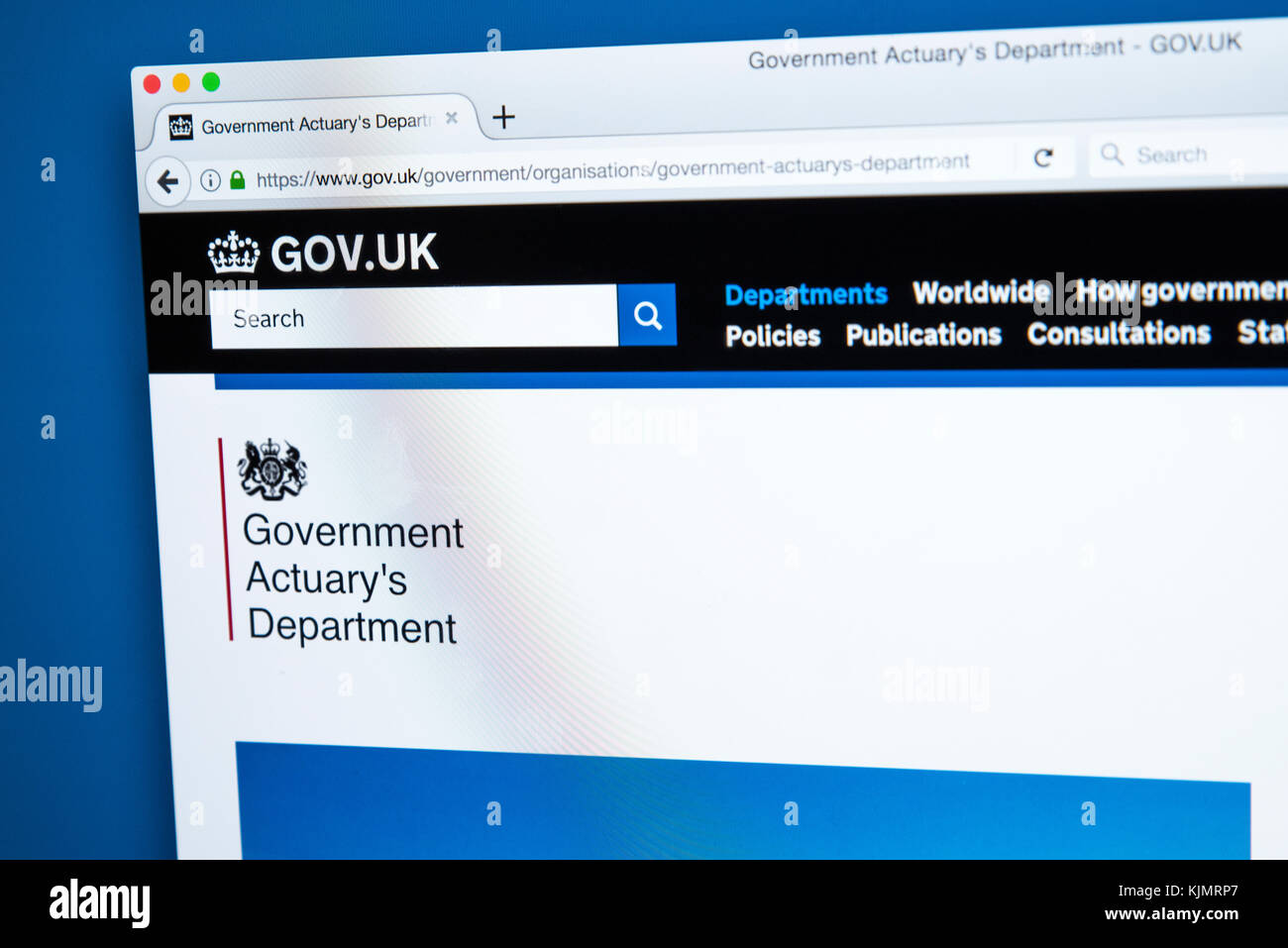 LONDON, Regno Unito - 17 NOVEMBRE 2017: la homepage del sito ufficiale per il governo Actuarys Department - il ministero del governo del Regno Unito responsibl Foto Stock
