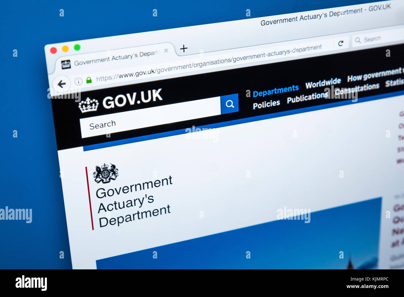 LONDON, Regno Unito - 17 NOVEMBRE 2017: la homepage del sito ufficiale per il governo Actuarys Department - il ministero del governo del Regno Unito responsibl Foto Stock