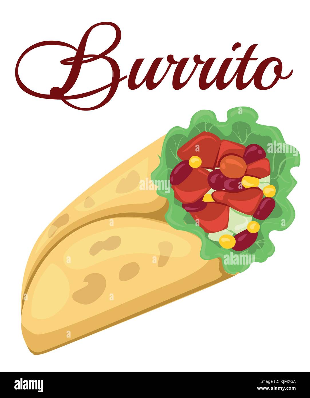 Burrito messicano icona. illustrazione di un appetitoso cartoon fast food burrito messicano icona, con mais wrap, foglie di insalata, pomodori, formaggi e pollo Illustrazione Vettoriale