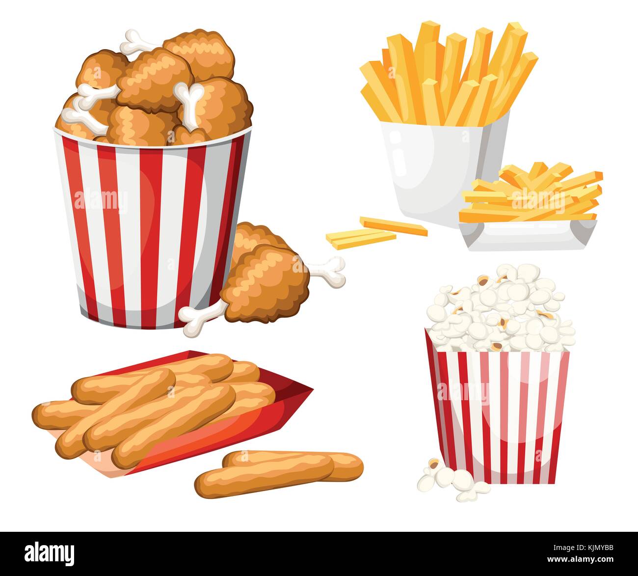 Grande gruppo di prodotti da fast food. illustrazione vettoriale isolati su sfondo bianco. set di formaggio stick, popcorn, patatine fritte, pollo fritto in striscia Illustrazione Vettoriale