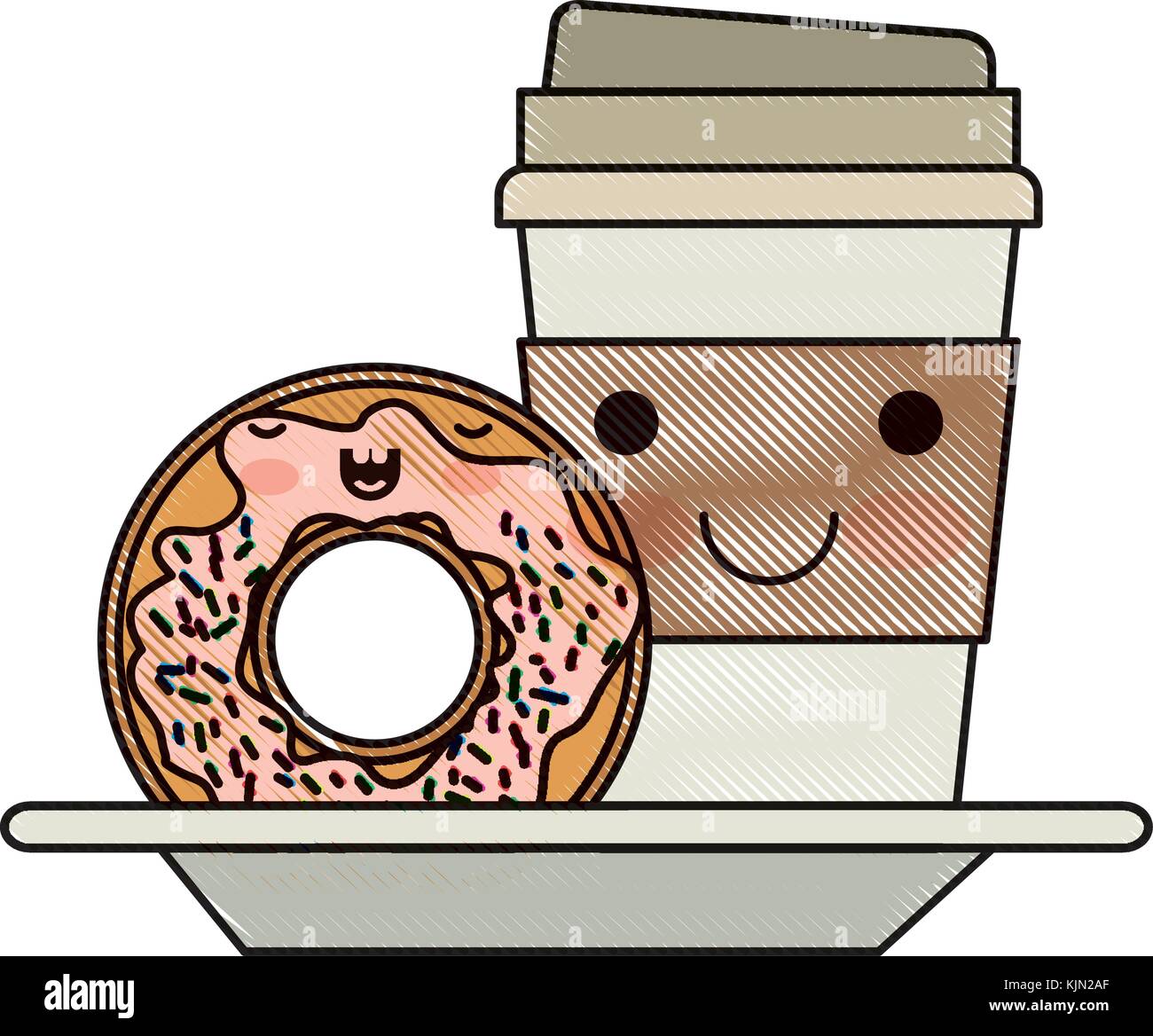 Kawaii monouso tazza di caffè e ciambelle crema smaltati in matita colorata silhouette Illustrazione Vettoriale