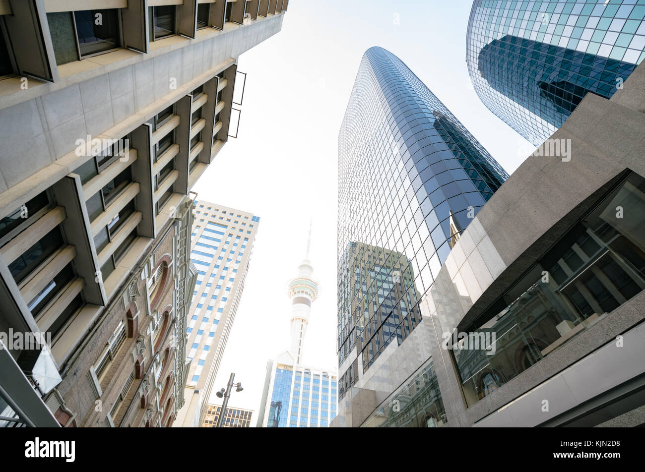 Auckland, Nuova Zelanda - Gennaio, 2016: grattacieli del centro finanziario della città Foto Stock