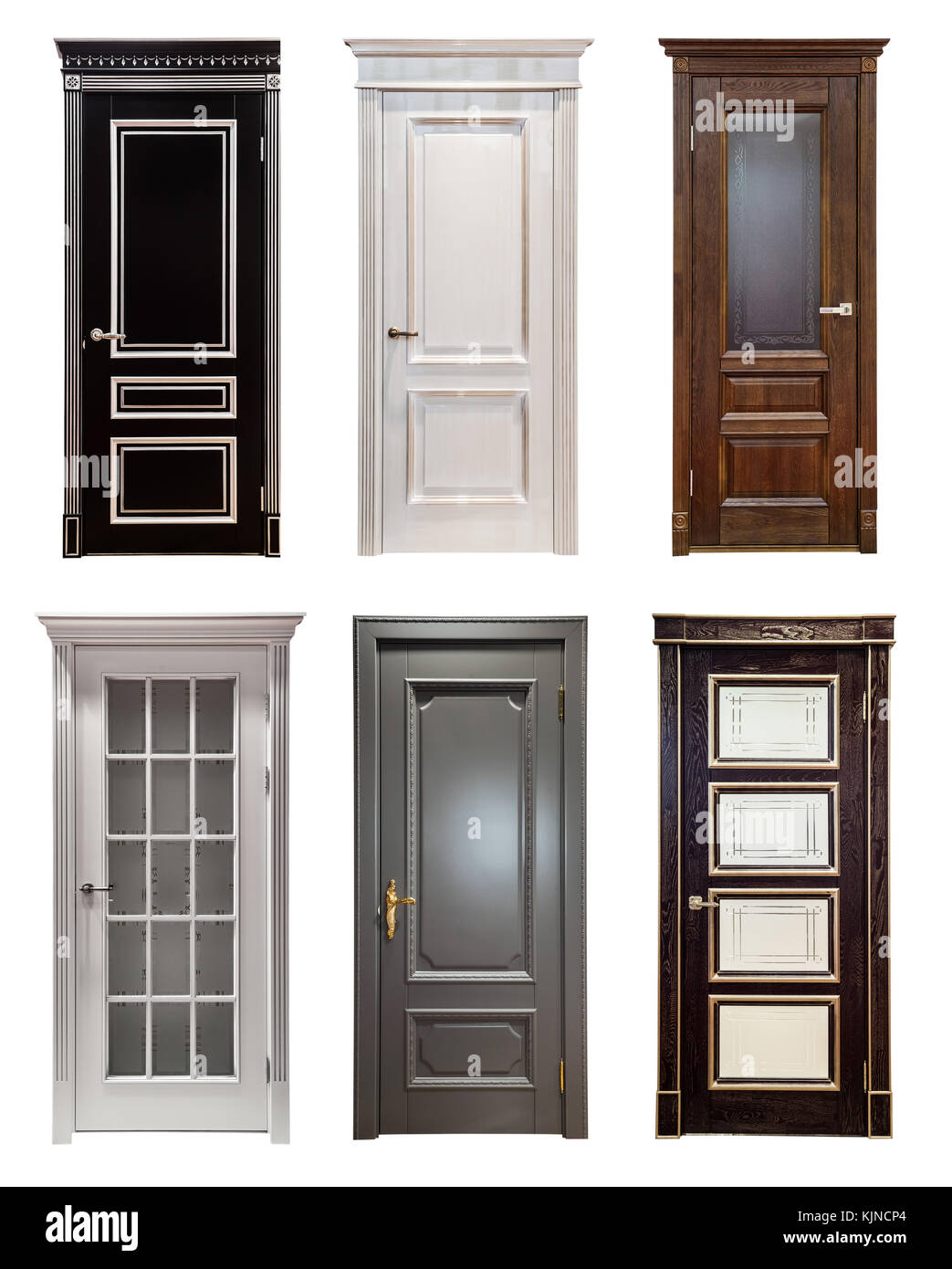 Impostare collage di differenti vintage in legno porta isolata su sfondo bianco Foto Stock