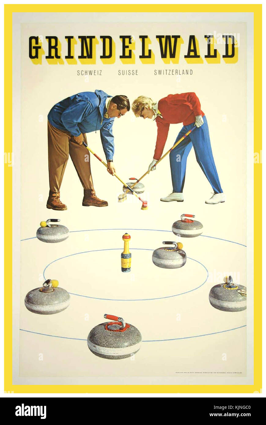 Grindelwald, Svizzera, Tradizionale Curling su ghiaccio 1960 storico Vintage sport travel Foto Stock