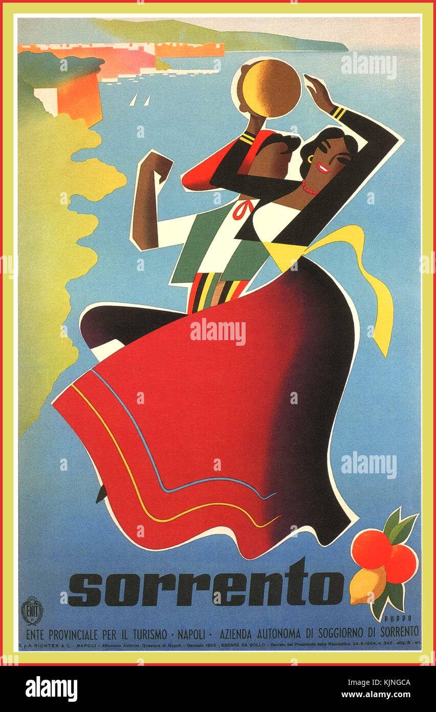 Anni Cinquanta Vintage Sorrento travel casa vacanza poster con paese tradizionale abito con Sorrento Coast dietro Italia Foto Stock