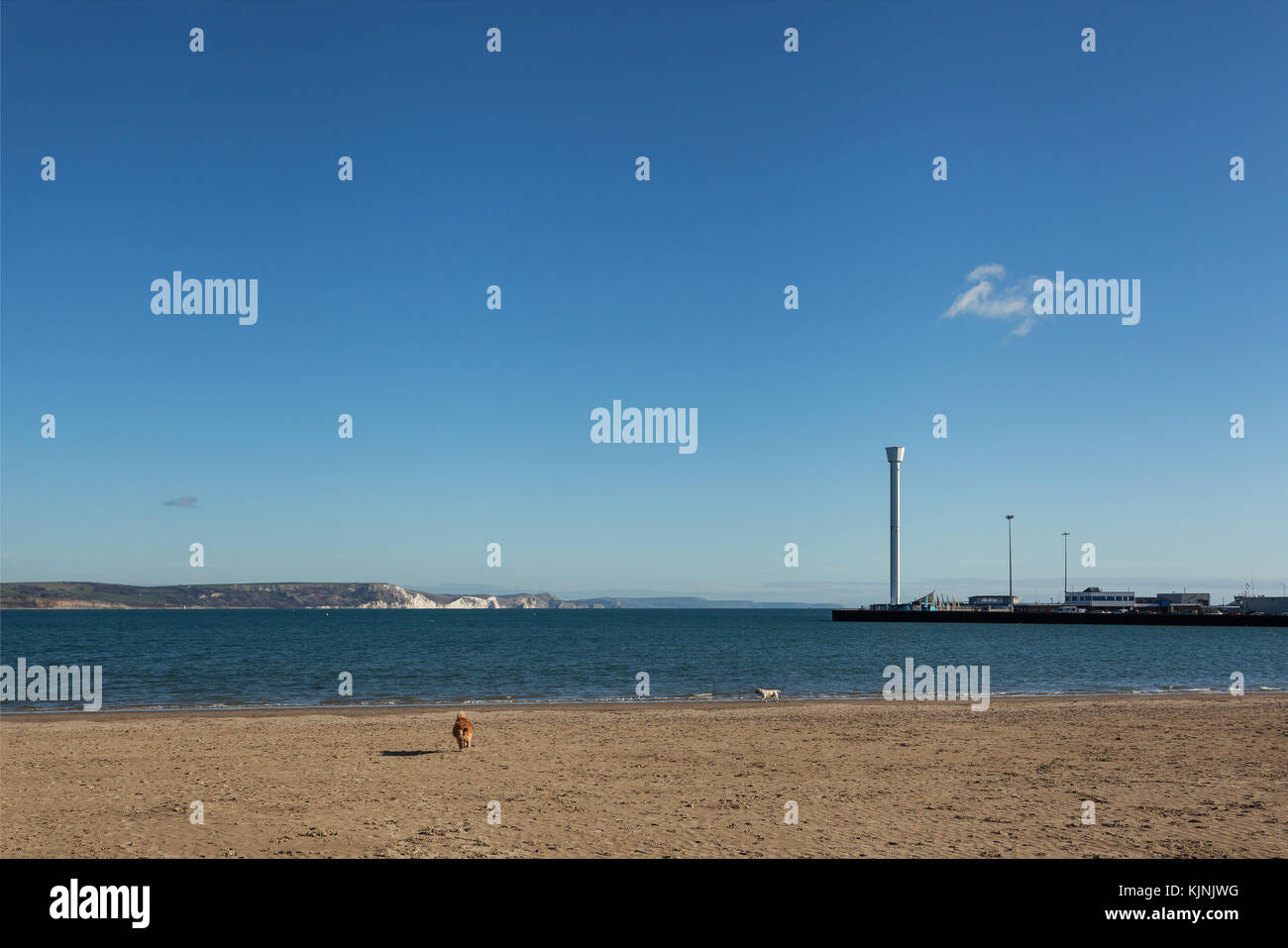 Weymouth beach con Jurassic Skyline tower in background Foto Stock