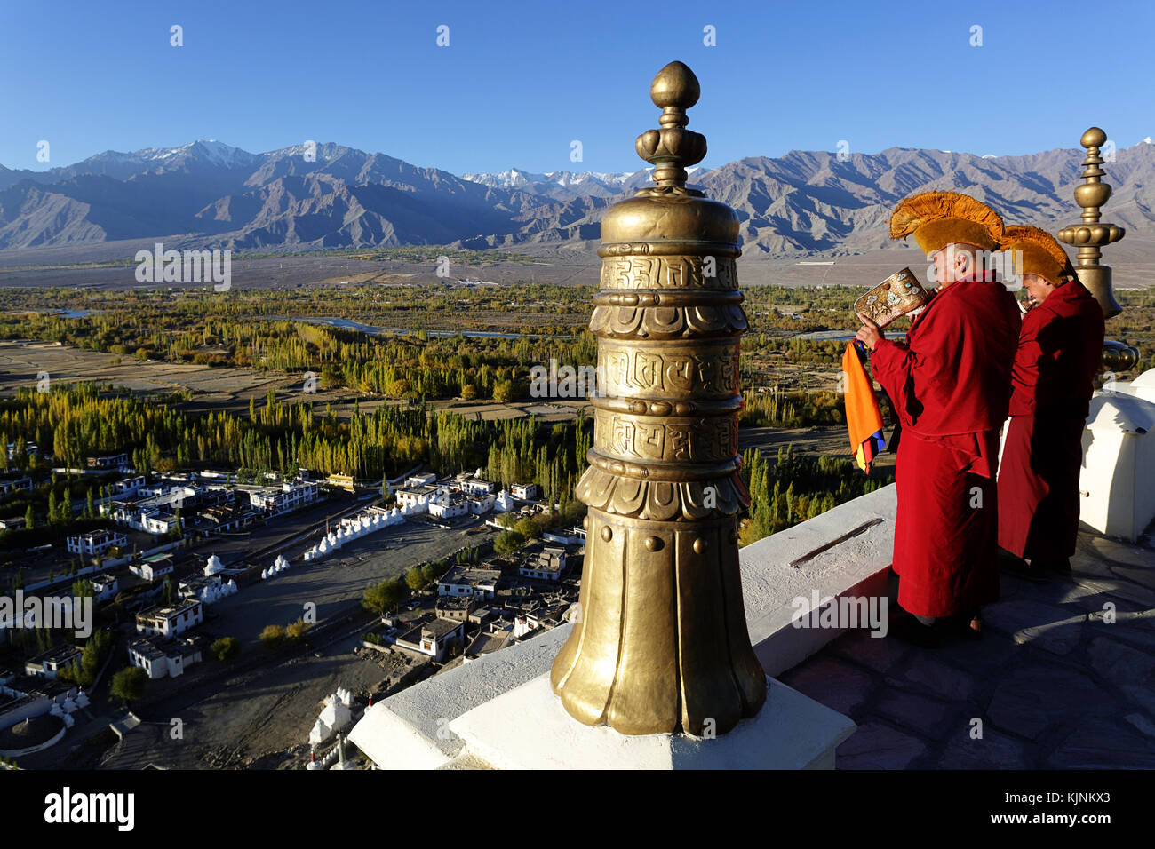 I monaci a mattina puja a Thiksey gompa, Ladakh, India Foto Stock