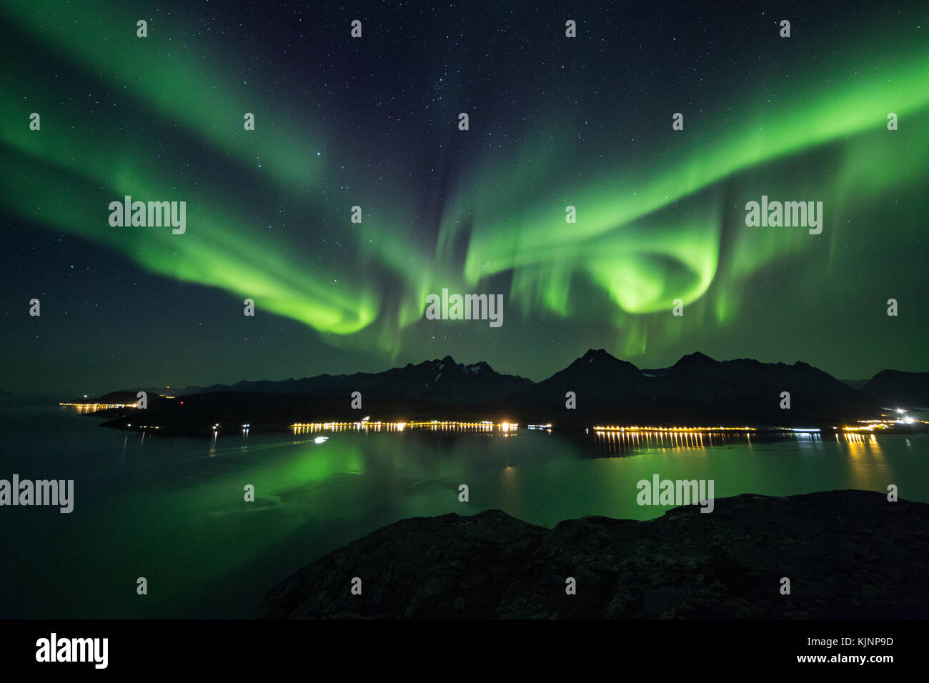 Enormi luci del nord oltre il grande alpi lyngen nel nord della Norvegia Foto Stock