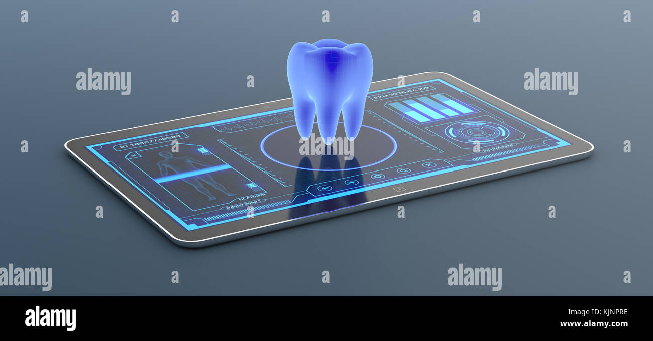 Futuristico interfaccia app per medici e scopo scientifico - dente scanner (3d rendering) Foto Stock