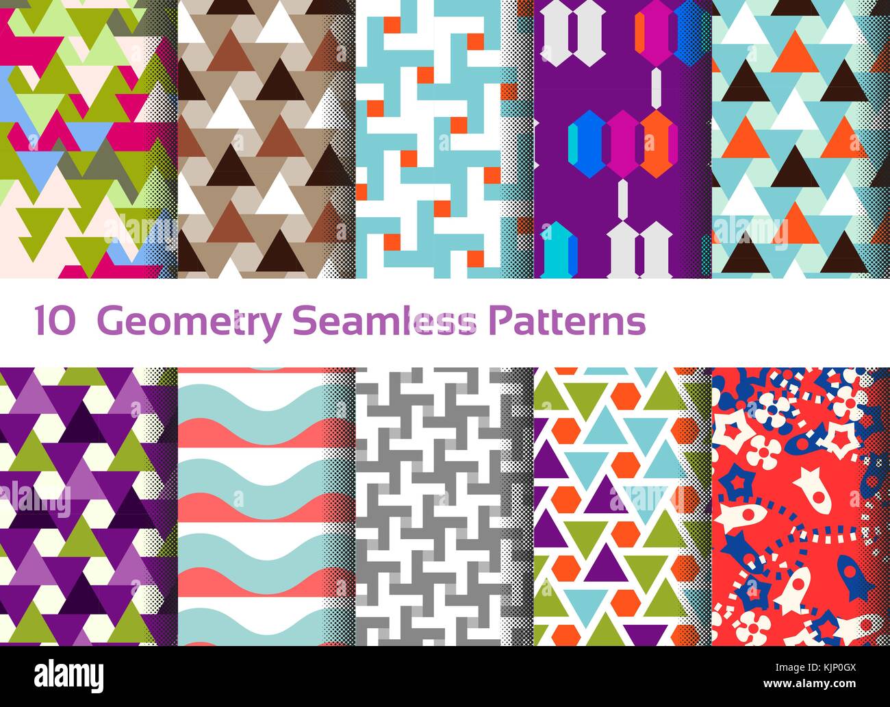 Geometrica pattern seamless sfondo. set di dieci motivi astratti. forme colorate composizioni, triangoli, quadrati e onde Illustrazione Vettoriale