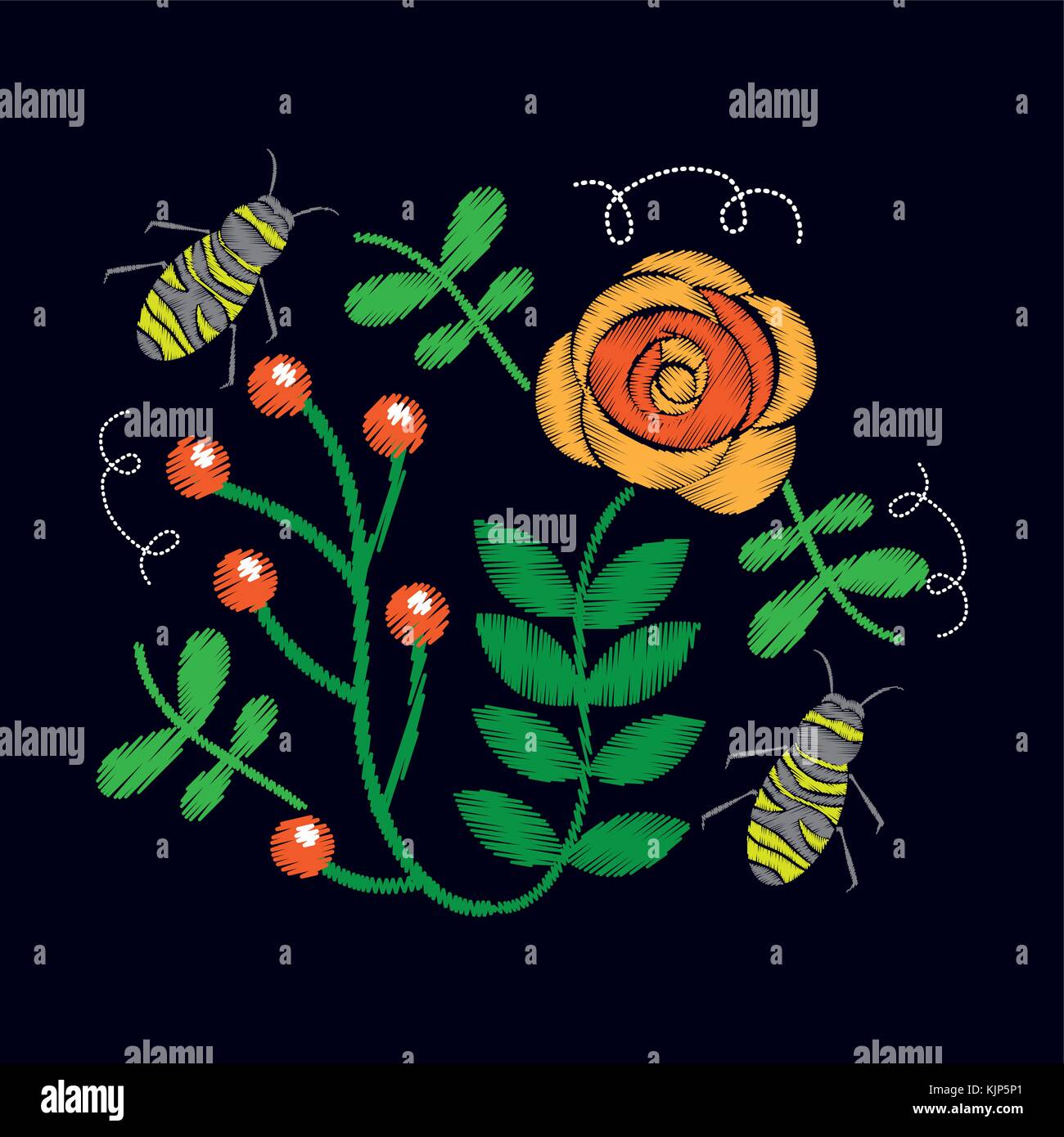 Ricamo rose e bee ornamento per il motivo floreale Illustrazione Vettoriale