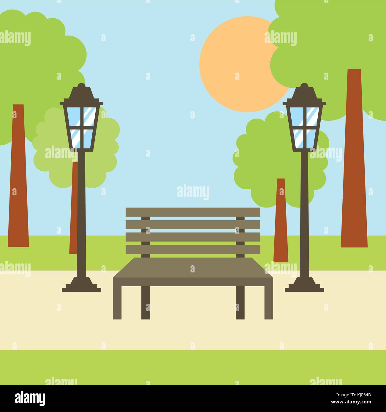 Panchina del parco struttura di lampada sun scena di paesaggio Illustrazione Vettoriale