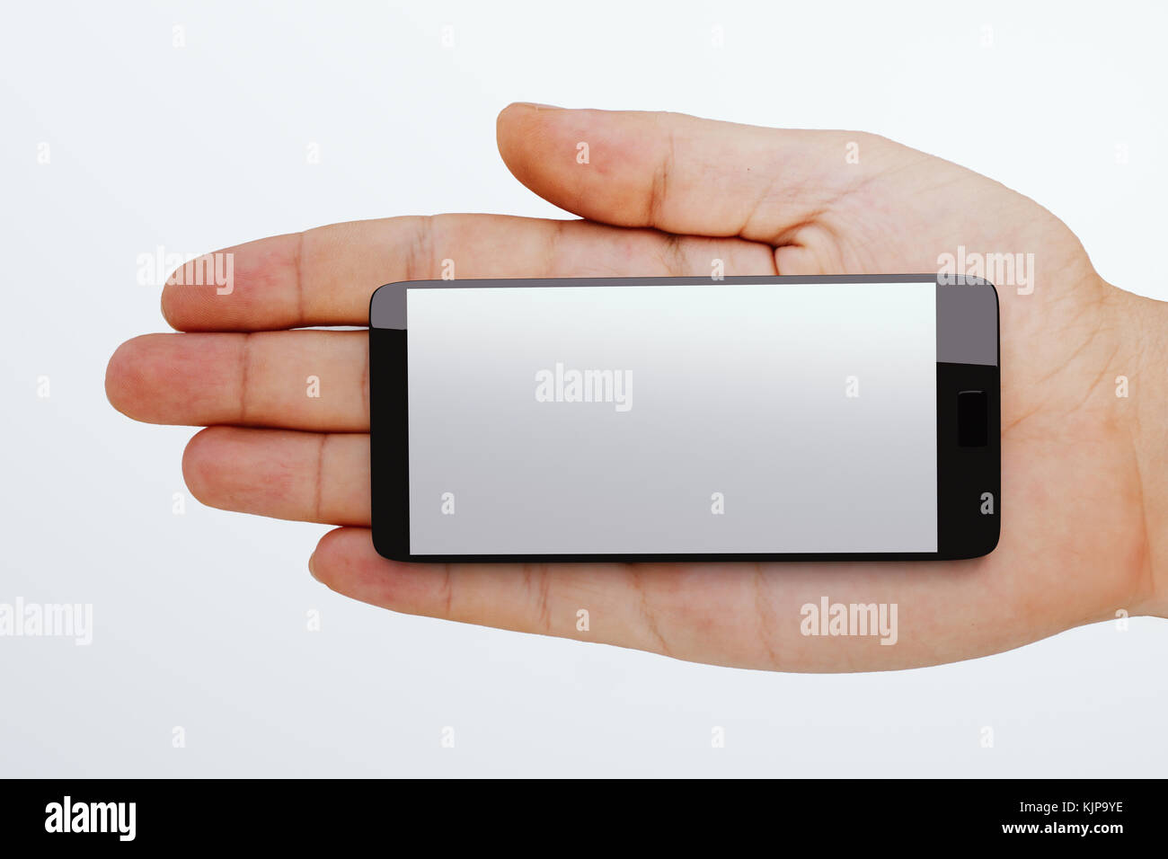 Mano azienda nero smartphone con schermo vuoto.il rendering 3d. Foto Stock