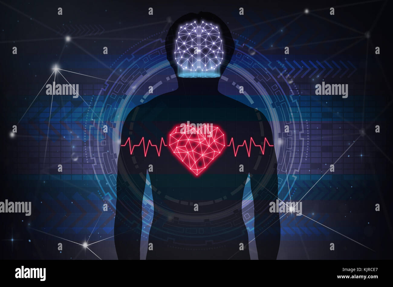 Silhouette di un corpo umano con la tecnologia di linea e punto di forma poligonale il cervello e il cuore della tecnologia di connessione, sullo sfondo la scienza un sano Foto Stock