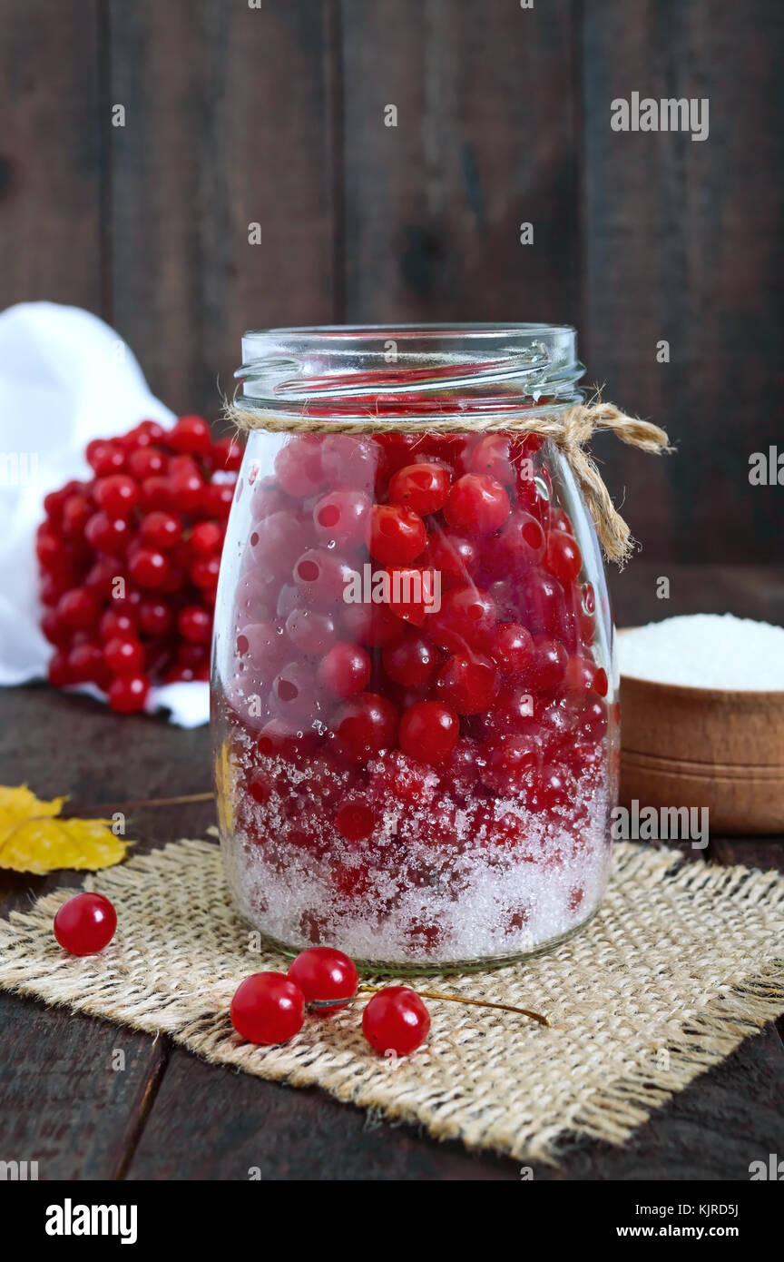 Red succose bacche di un pallon di maggio con lo zucchero in un recipiente di vetro su di un legno scuro dello sfondo. per la realizzazione di marmellata, tè. pianta medicinale. Foto Stock