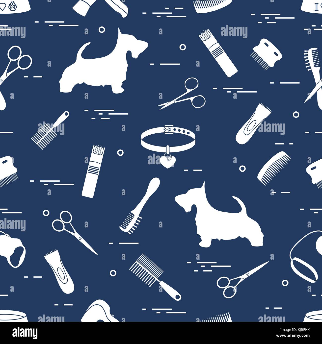 Modello con il cane, pettini, collare, guinzaglio, rasoio, asciugacapelli, ciotola, forbici. health care, toelettatura, prendersi cura di un cane, mostra. Illustrazione Vettoriale