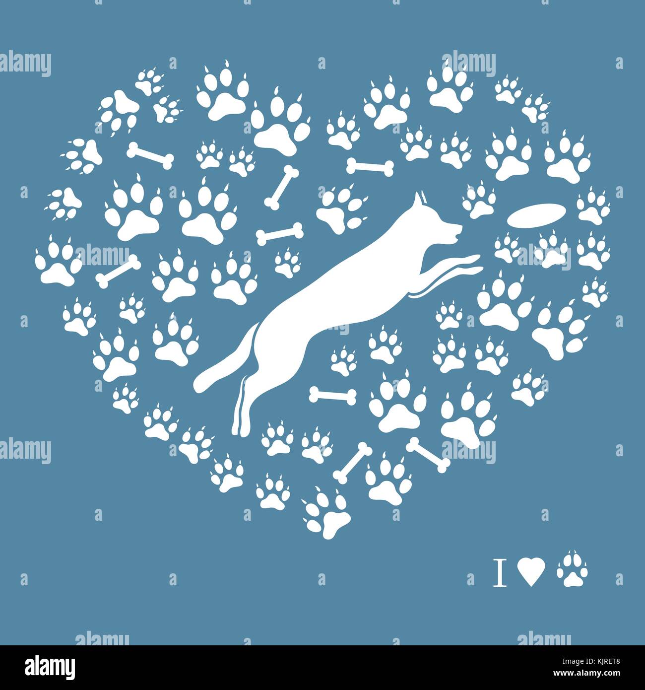 Bella immagine del cane di salto silhouette su uno sfondo di cane le vie e le ossa in forma di cuore su uno sfondo colorato. Illustrazione Vettoriale