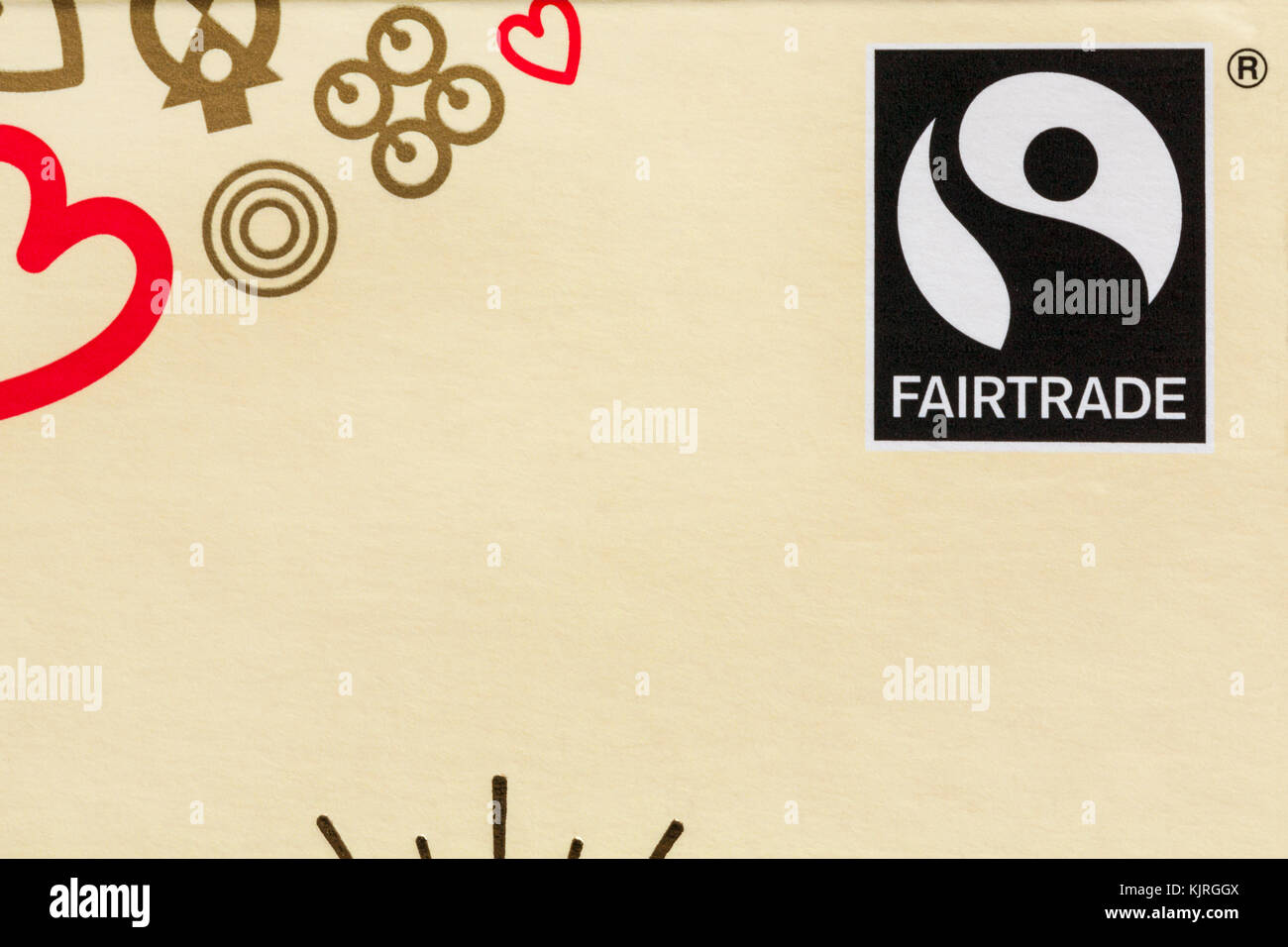 Fairtrade logo sulla confezione di cioccolatini Fairtrade - simbolo del logo del commercio equo e solidale Foto Stock