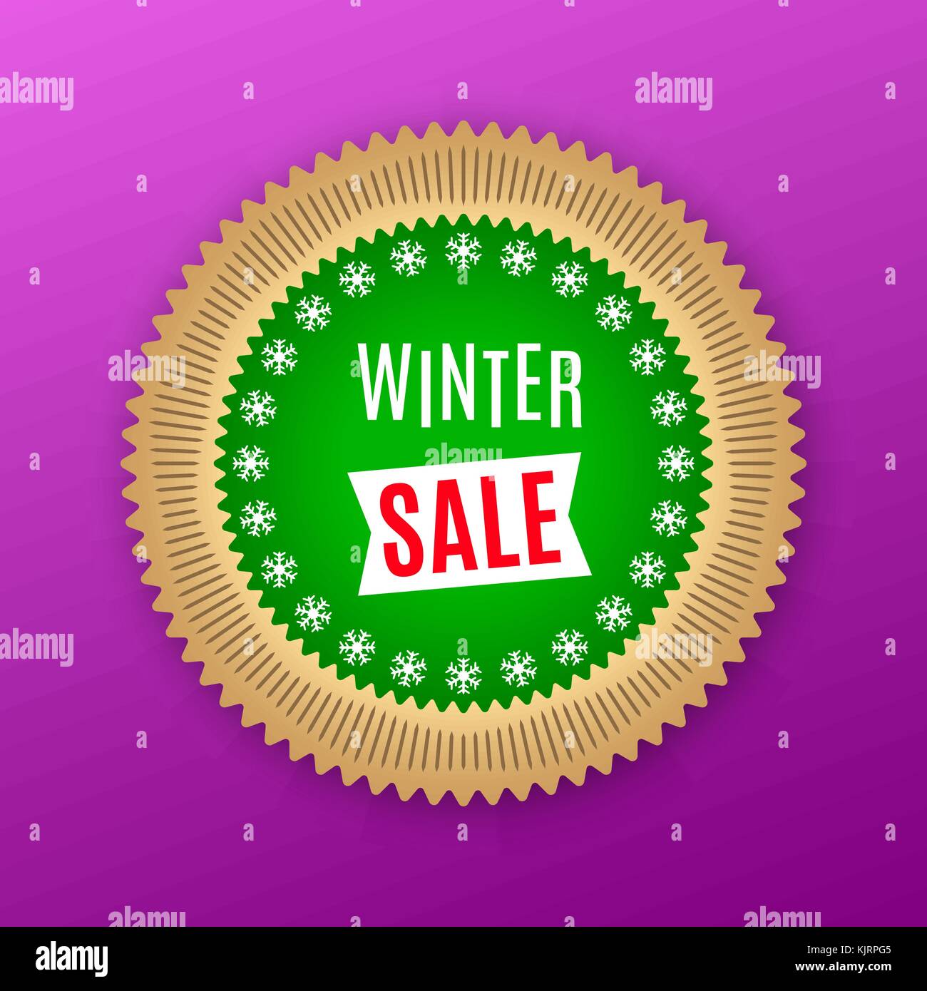 Banner di vacanza di inverno vendita. verde badge dorato con offerta di inverno vendita, su sfondo rosa luminoso poster con la pubblicità in cornice rotonda Illustrazione Vettoriale