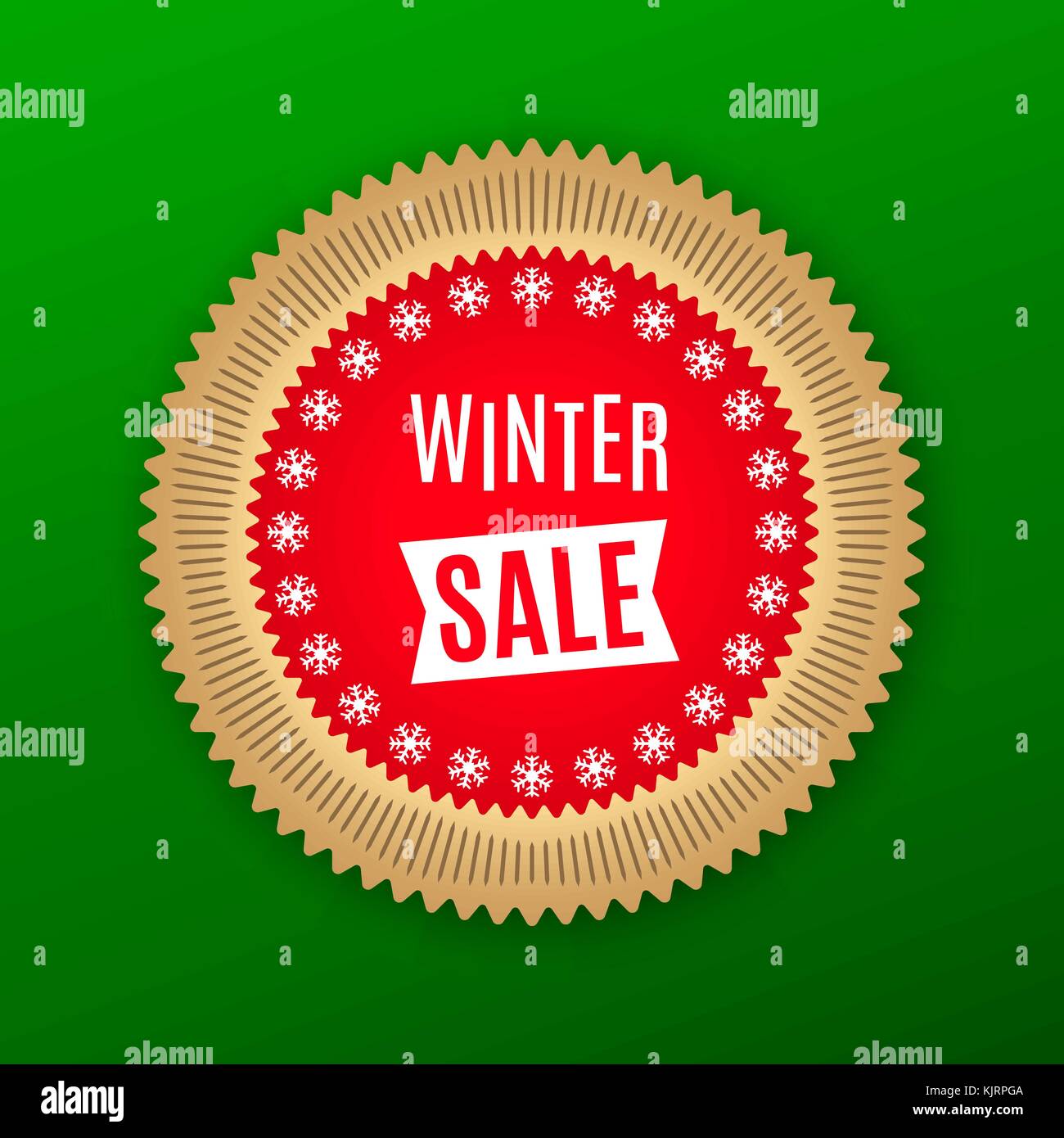 Banner di vacanza di inverno vendita. rosso badge dorato con offerta di inverno vendita, sullo sfondo verde luminoso poster con la pubblicità in cornice rotonda Illustrazione Vettoriale