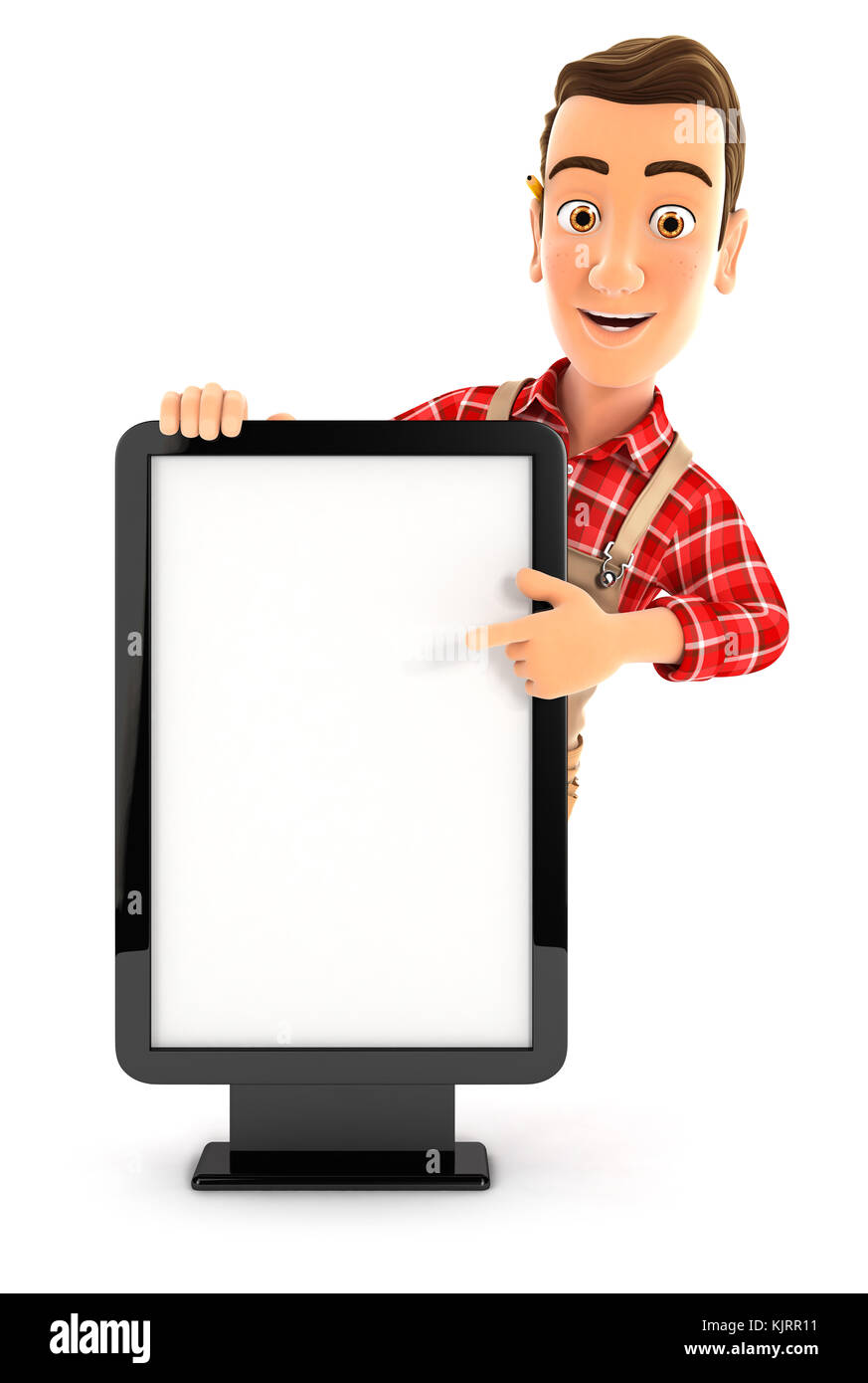 3d tuttofare puntando al fustellato affissioni, illustrazione isolato con sfondo bianco Foto Stock