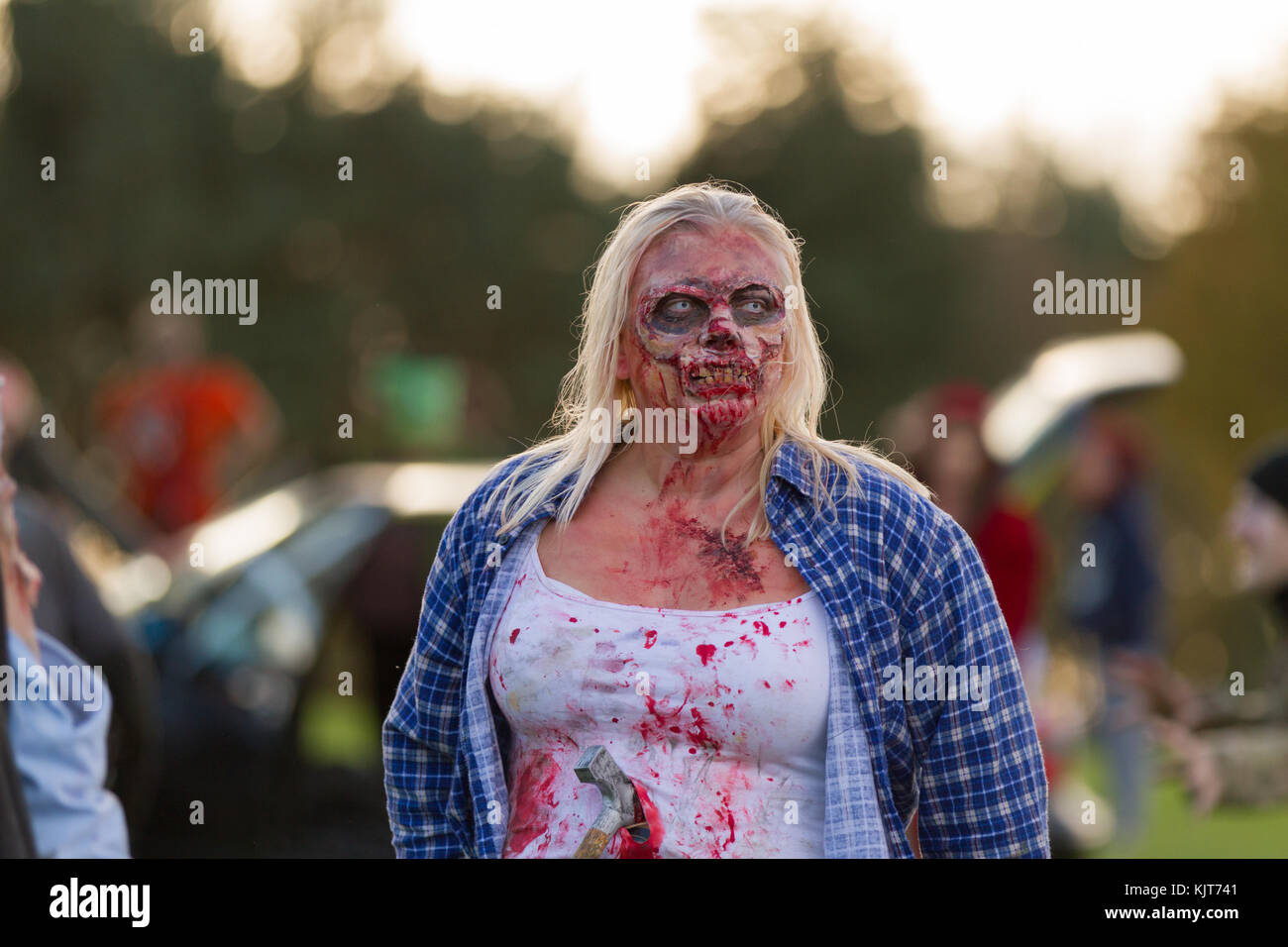 Witton castello, Bishop auckland, co. durham, Inghilterra. 29 ottobre, 2017. carità divertente guide, perseguito da zombie, prendere parte a un 5k l'esecuzione. Foto Stock