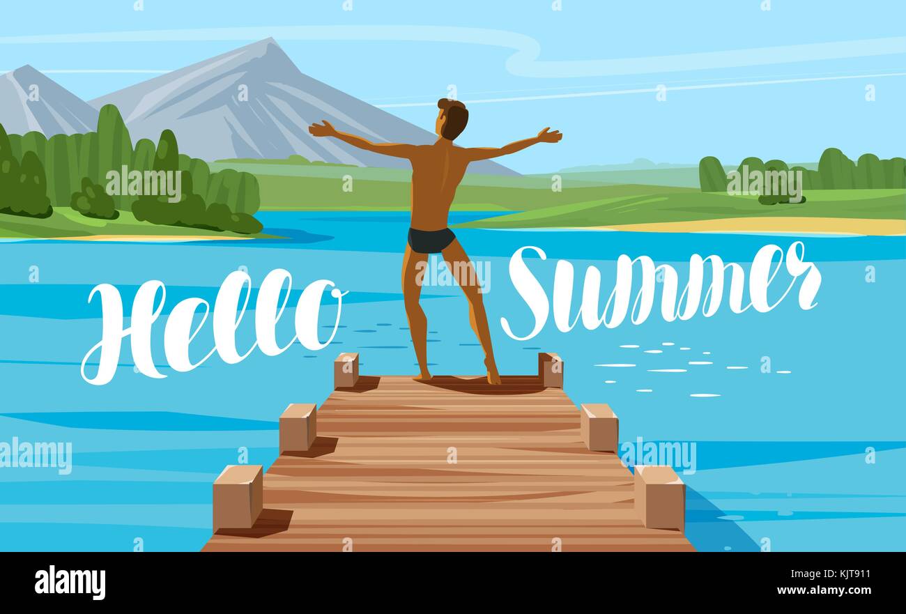 Viaggi, vacanze e concetto di viaggio. ciao estate lettering illustrazione vettoriale Illustrazione Vettoriale