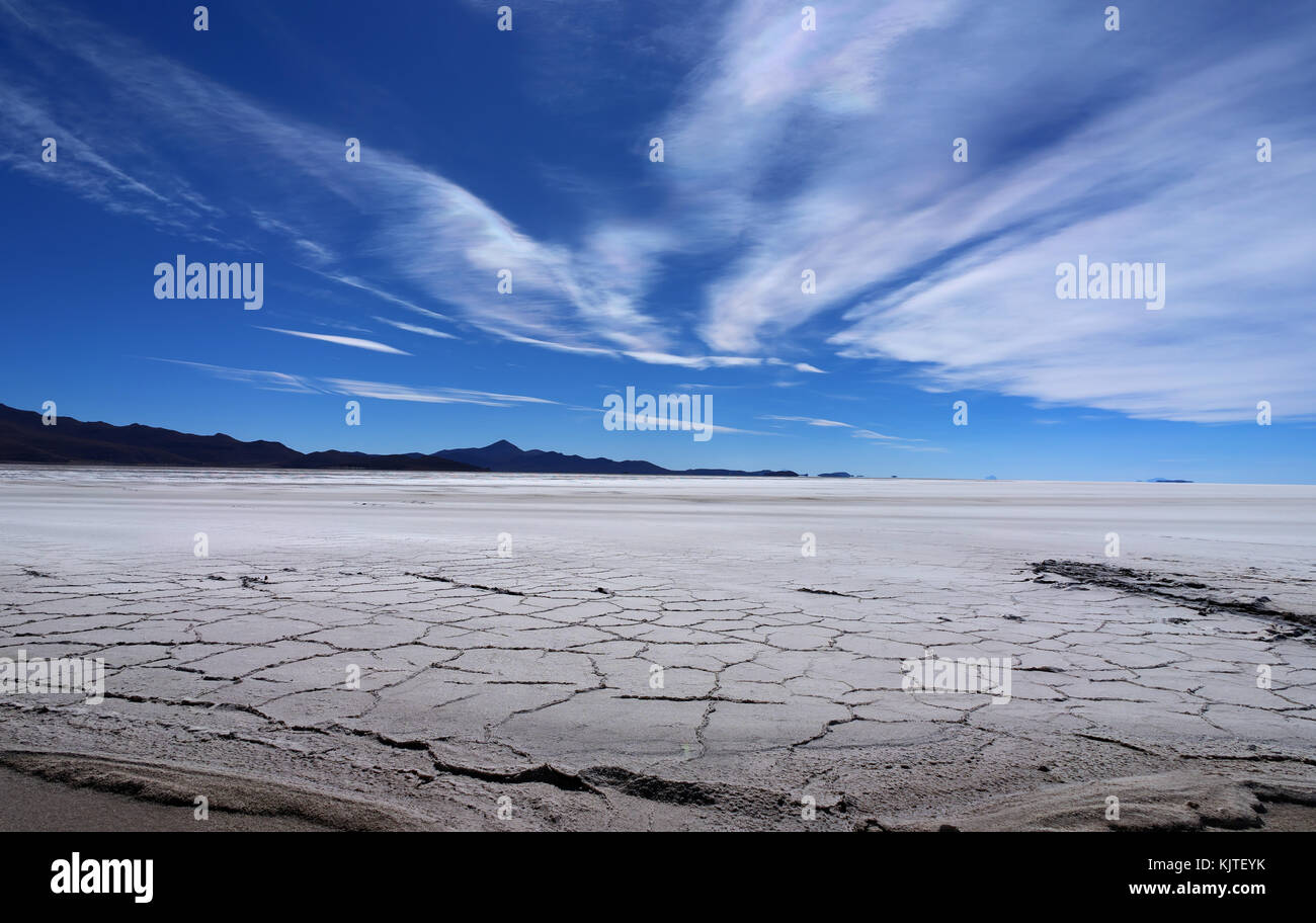 Foto scattata in agosto 2017 a Uyuni Bolivia, Sud America: Saline in Salar de Uyuni deserto Bolivia. Salar de Uyuni è la più vasta distesa di sale nel Wo Foto Stock