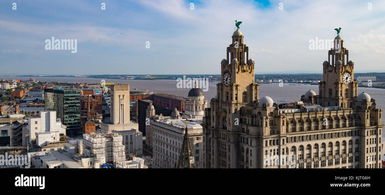 Liverpool liverbirds con sfondo Mersey Foto Stock