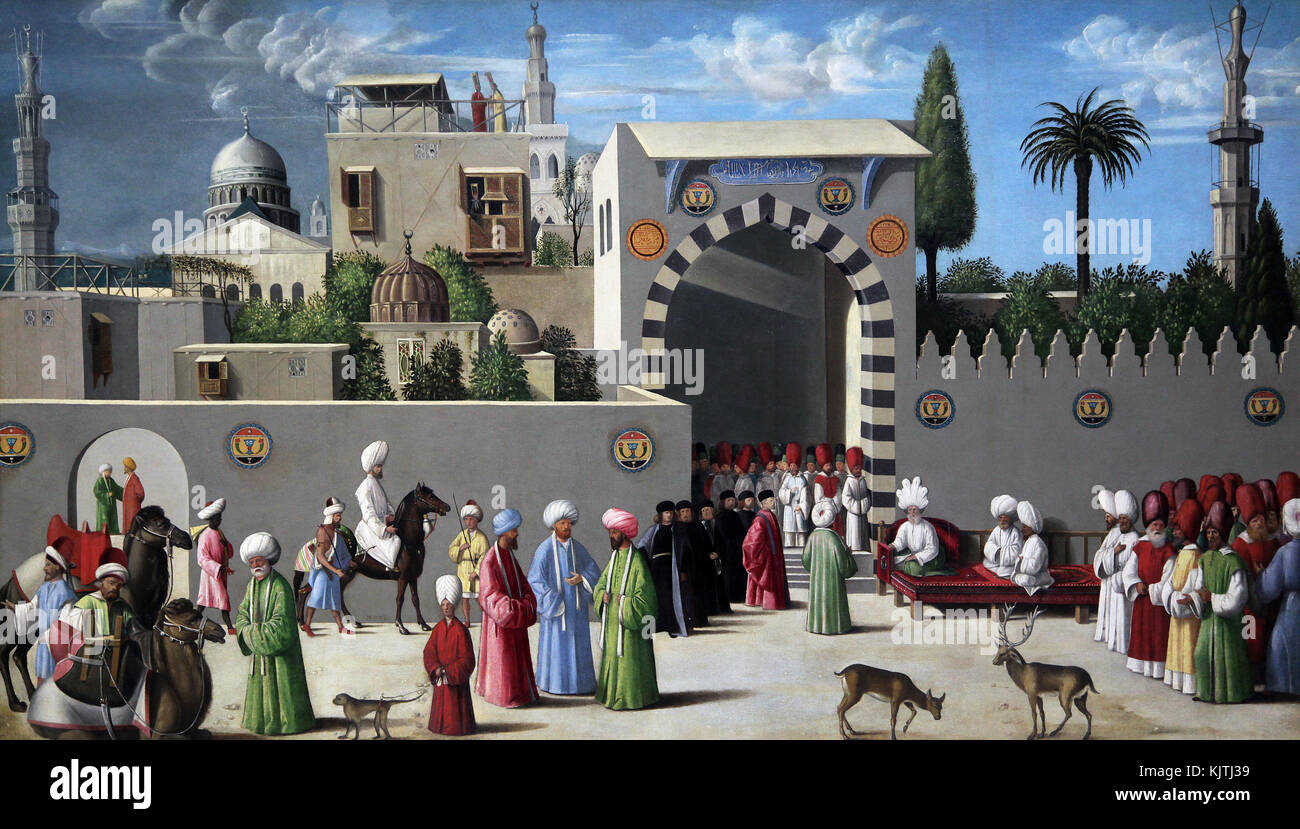 Pittura rinascimentale di una ricezione di una delegazione veneziana in damasco.1511. Venezia.Italia Foto Stock