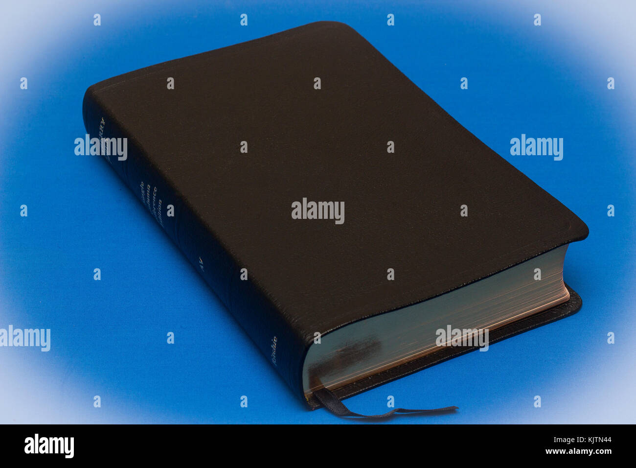 Una bibbia legata al cuoio che contiene la Parola di Dio su sfondo blu Foto Stock