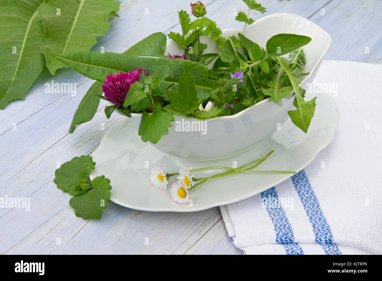 Wildkräuter in einer Terrine als Salat verwendbar Foto Stock