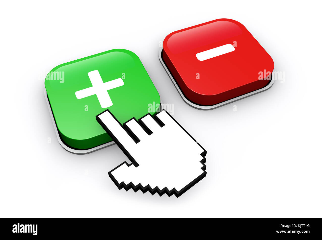 Mano astratto cliccando su plus e il segno meno sui pulsanti web 3D'illustrazione su sfondo bianco. Foto Stock